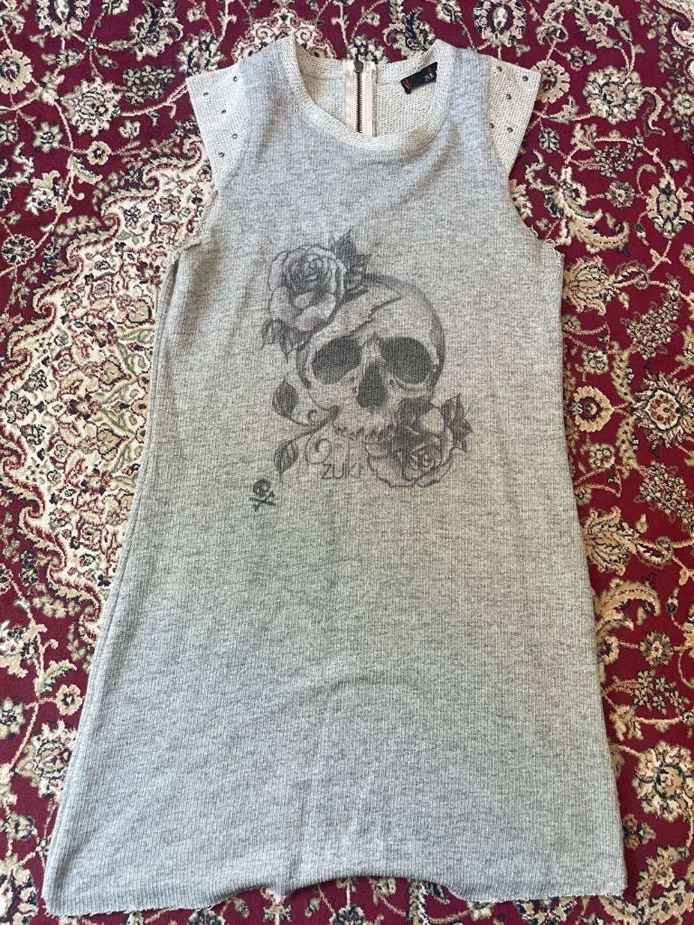 Gray Sleeveless Knit tunic with Skull & Rose Graphic